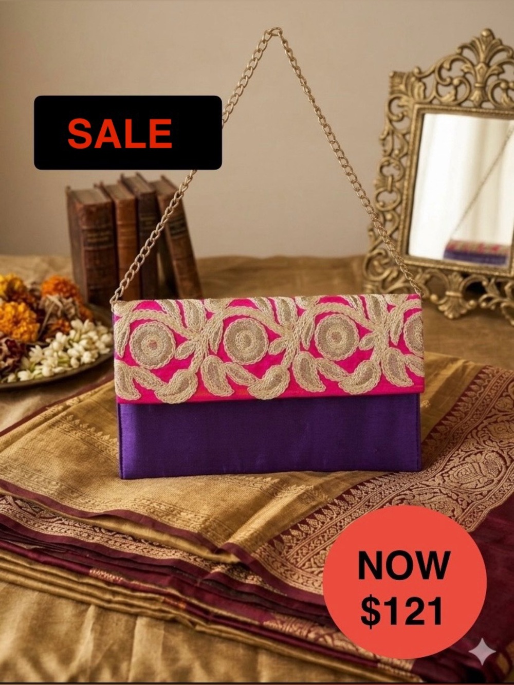 Parisian Estate One Of A Kind Hand Embroidered Pure Silk Clutch Bag